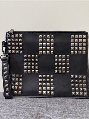 Zara Black Studded Leather Wristlet Clutch with Silver Hardware